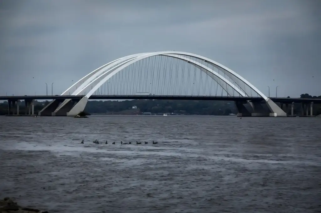 White arch bridge across a cloudy river, with a line of birds on the water in the foreground.