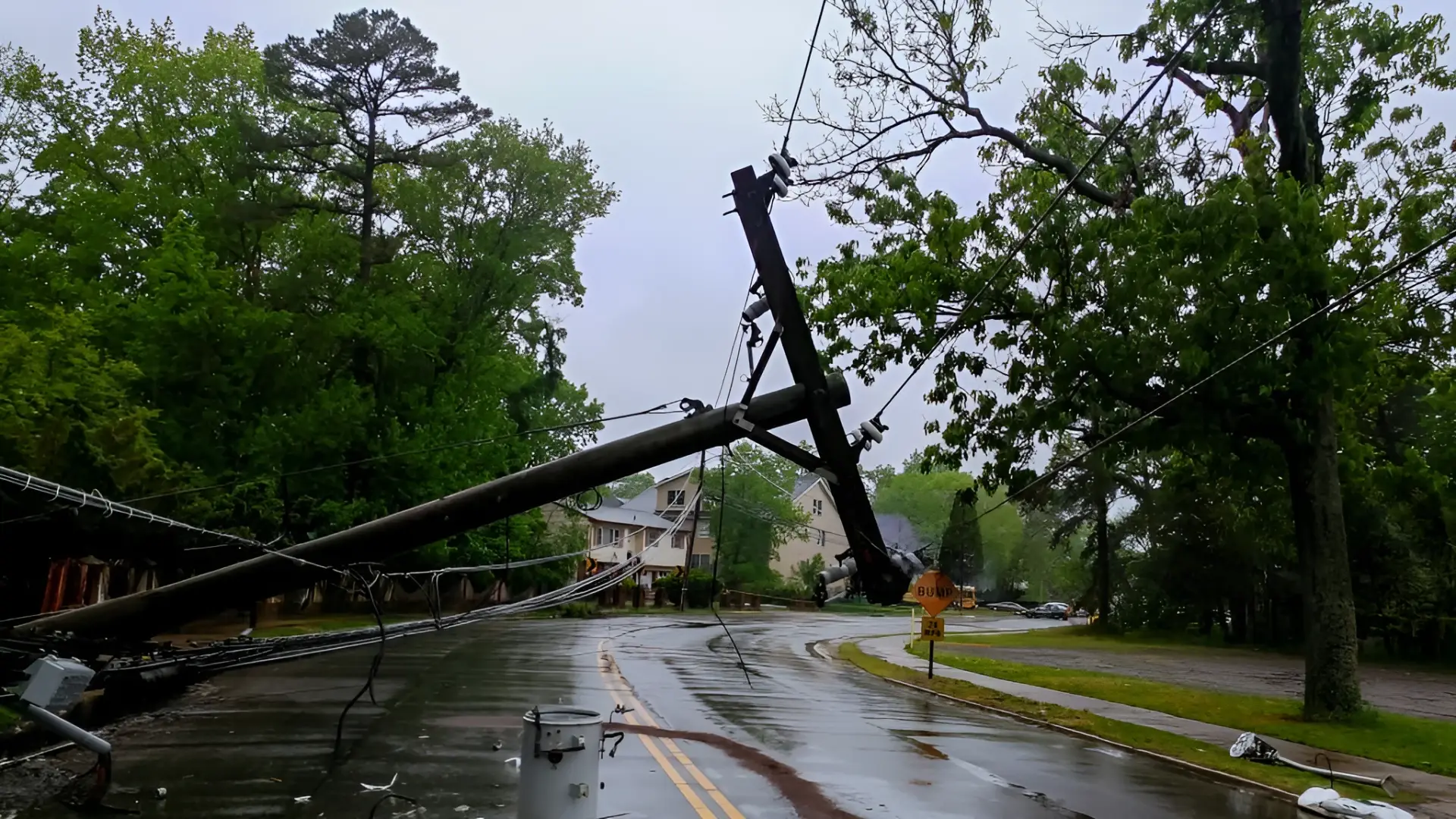 Fallen wooden utility pole leaning across a wet street with downed power lines and scattered debris, trees in the background.