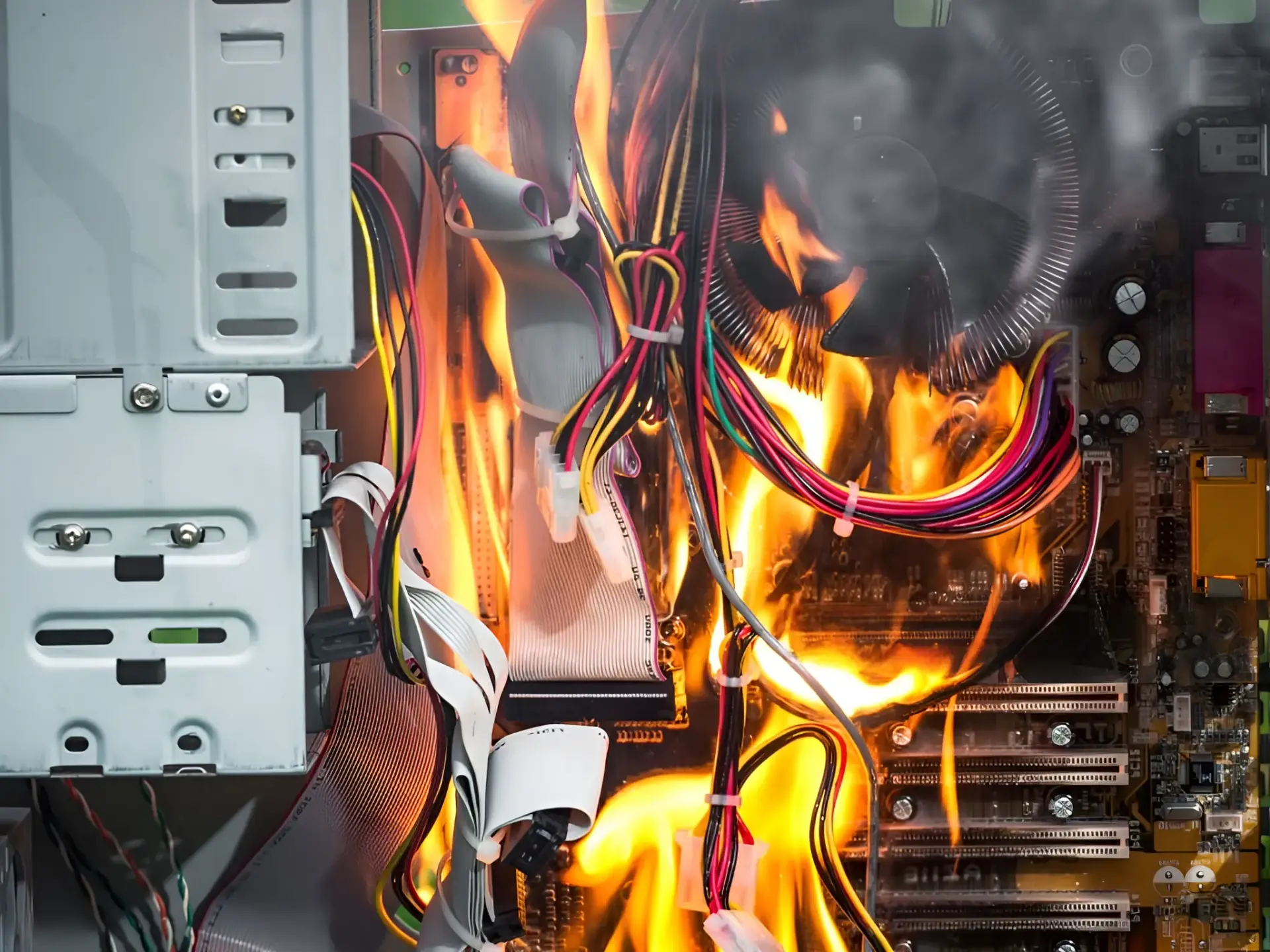 Open PC/server case with a tangle of colored cables and flames engulfing the motherboard area, indicating a fire inside the hardware