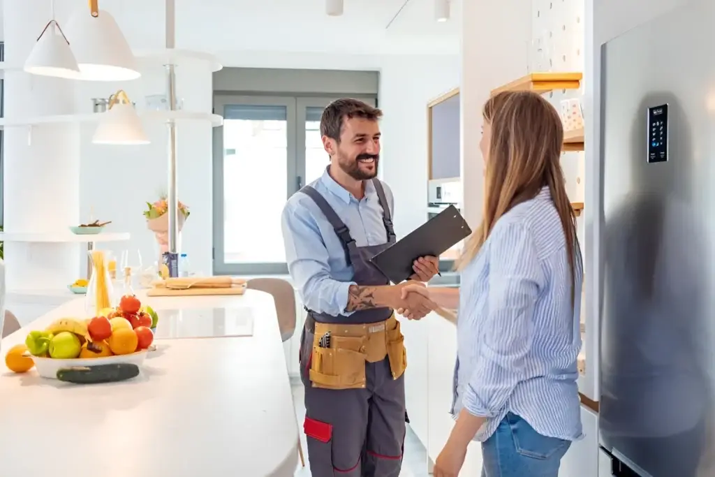Man in a tool belt shakes hands with a woman in a bright, modern kitchen, clipboard in hand and fruit on the counter nearby.