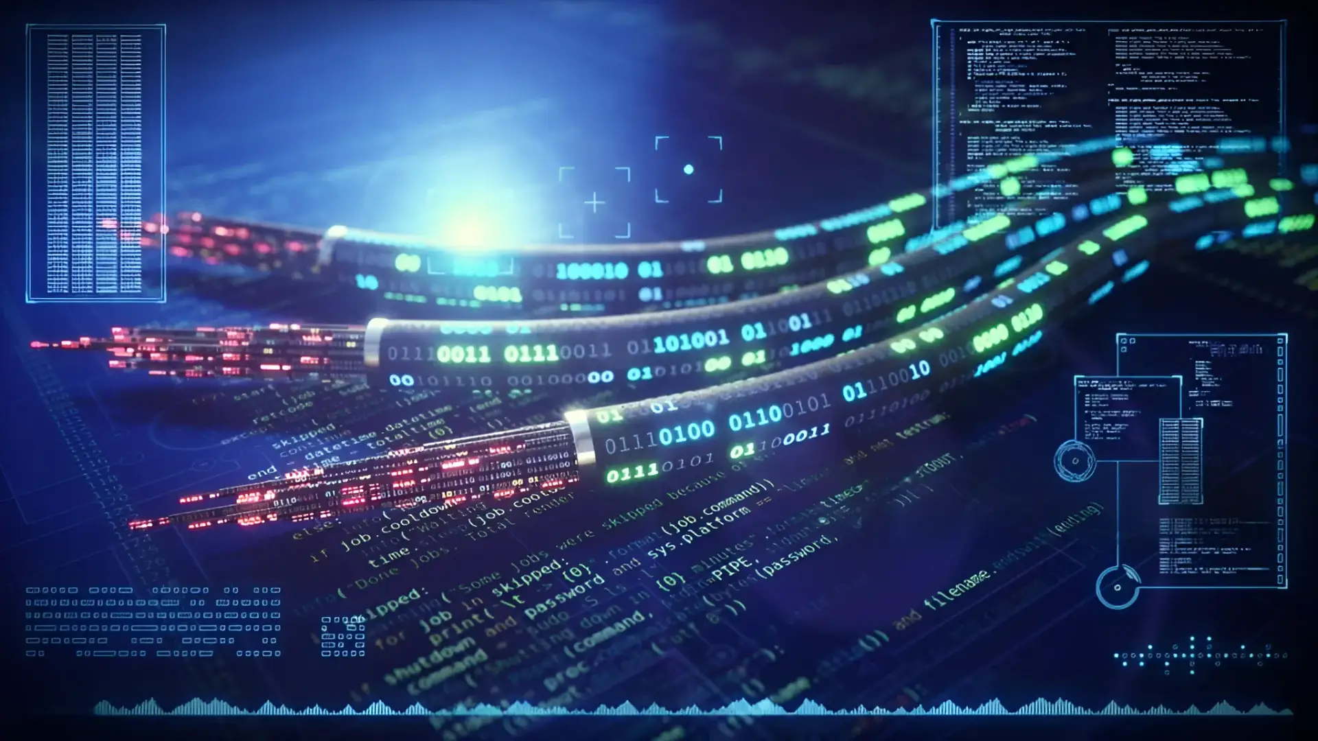 Abstract 3D data visualization with flowing code, circuit-like overlays, and holographic UI panels.