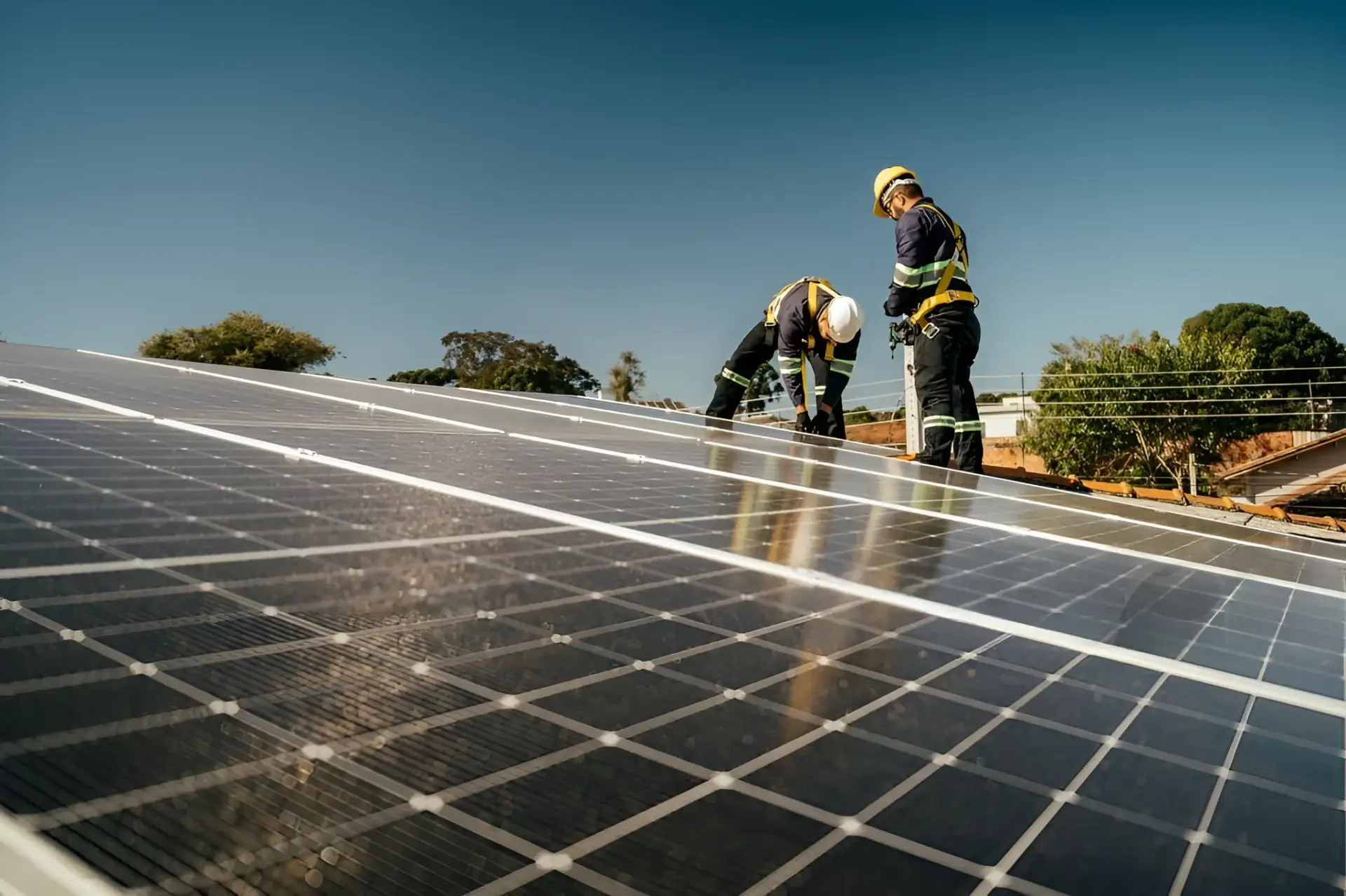 Two workers on a sloped rooftop installing solar panels, wearing helmets and safety harnesses.