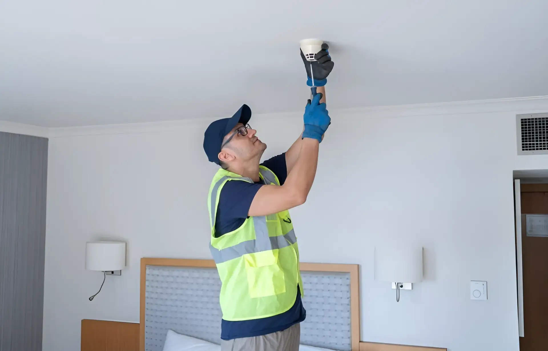 Maintenance worker in a high-visibility vest and gloves installing a ceiling fixture in a bedroom