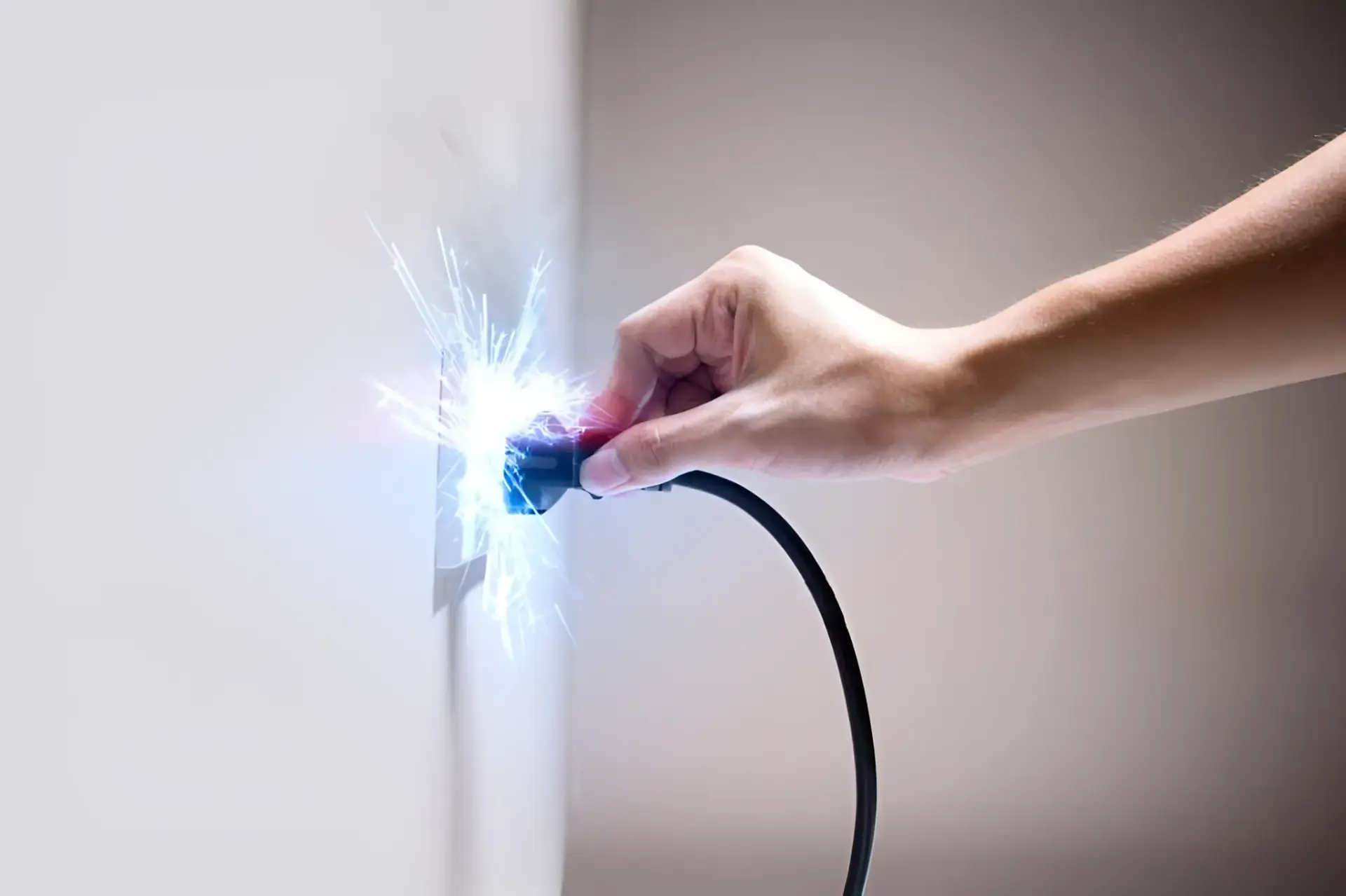 Hand inserting a power plug into a wall outlet while sparks fly from the connection, indicating a short circuit or electrical arc.