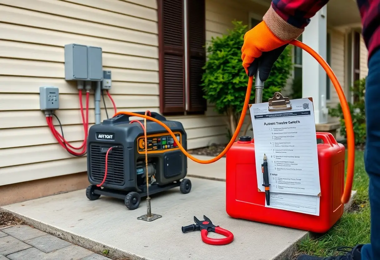 Worker in orange gloves handles an orange hose toward a portable generator on a concrete porch, with a red fuel can and a clipboard nearby outside a house.