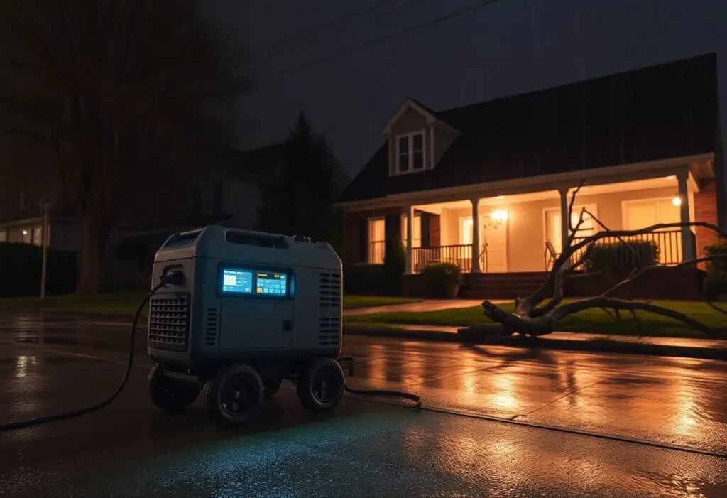 Portable portable generator on a wet street at night, with a lit suburban house in the background and a fallen tree branch nearby, the generator panels glowing.
