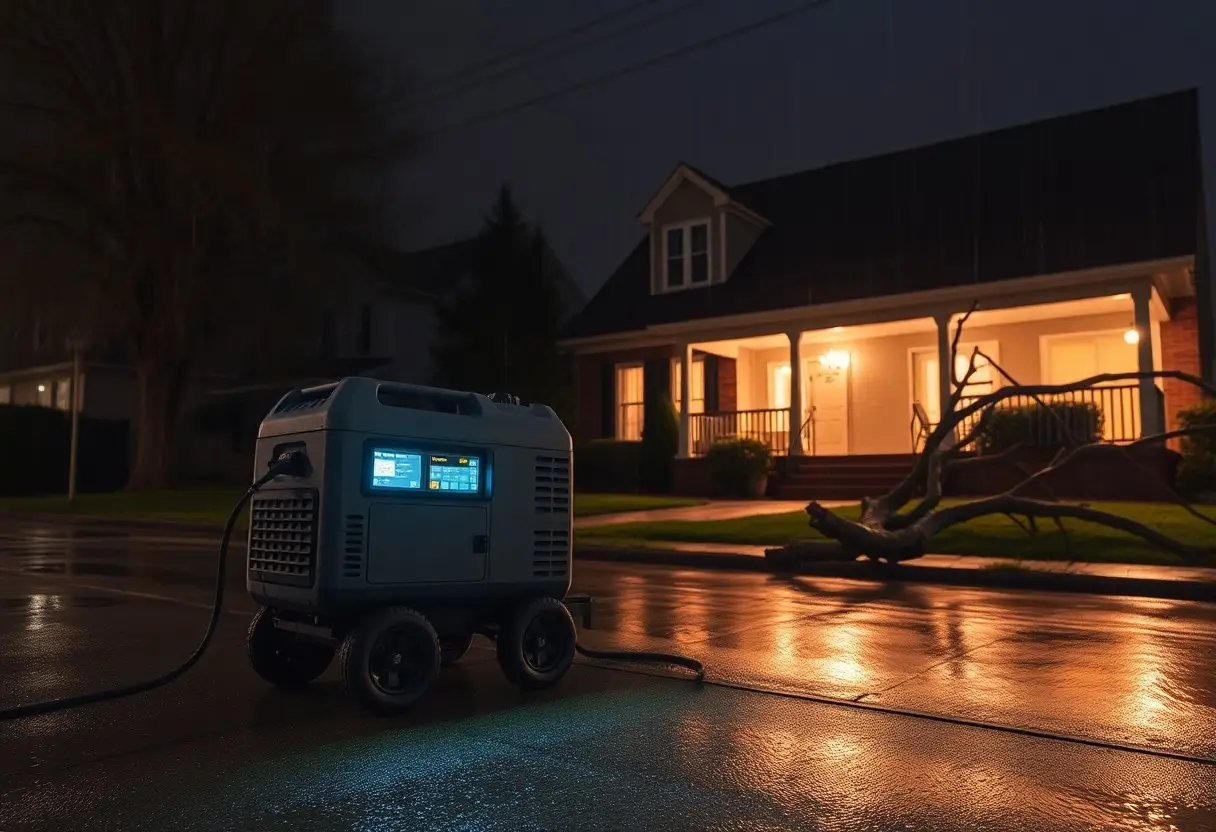 Portable portable generator on a wet street at night, with a lit suburban house in the background and a fallen tree branch nearby, the generator panels glowing.