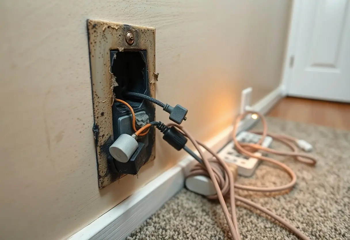 Exposed electrical outlet box with frayed wires and a scorched plate, cords sprawled along carpeted floor nearby.